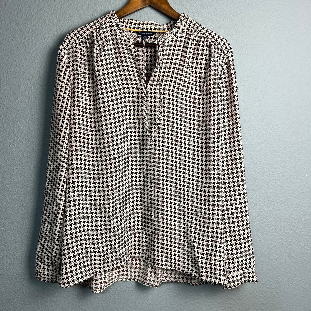 Tommy Hilfiger Houndstooth Geometric‎ Neutral Work Wear Blouse L/SL Button Up XL